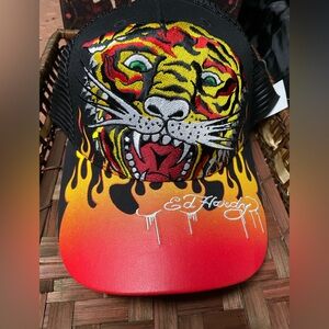 Ed Hardy Black Mesh Trucker Hat with Navy Brim